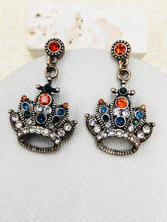 1 Pair Vintage Palace Style Micro-Inlaid Rhinestone Distressed Metal Crown Earrings, Niche Design For Women