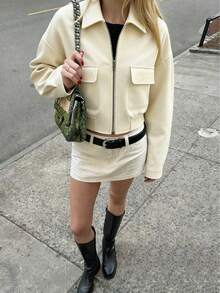 女士休闲宽松拉链翻领口袋短款外套，时尚秋冬款 - 乳黃色 - 查看 2