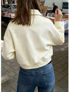 女士休闲宽松拉链翻领口袋短款外套，时尚秋冬款 - 乳黃色 - 查看 6