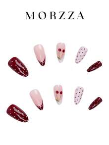 Mejora instantáneamente tu apariencia con el kit de 24 uñas postizas elegantes, sencillas y dulces de estilo casual con diseños de lunares blancos y rojos, lazos blancos, y patrones de cerezas burdeos y blancos. Adecuado para chicas y mujeres que les gusta el estilo minimalista para usar en la vida diaria y de compras, haciéndote talla grande encantadora y dulce.