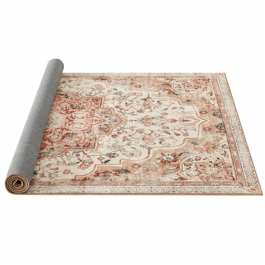 SONGMICS HOME Alfombra, Alfombra Antideslizante 153 x 214 cm para Dormitorio, Estilo Vintage, Lavable a Máquina, Beige Capuchino - Café ligero con leche - Ver 1