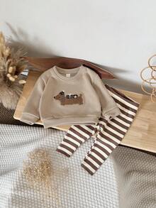 Bộ 2 áo nỉ dài tay thêu hình chó Dachshund dễ thương cho bé trai và bé gái, Xuân/Hè - màu nâu - Xem 5
