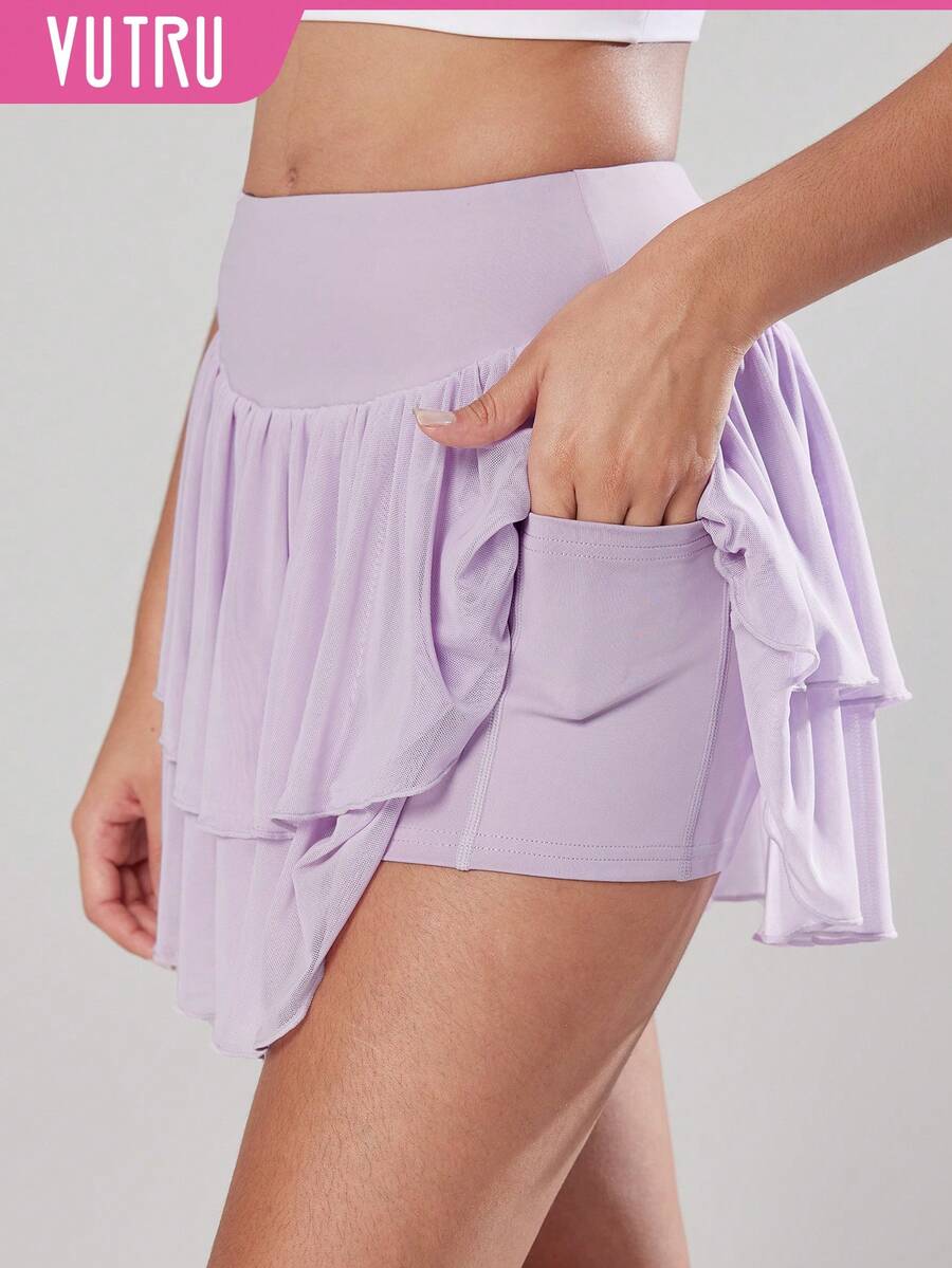 VUTRU Women's High Waist Mesh Sports Tennis Skirt With Shorts And Pockets - Mauve Purple - View 1