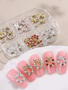 6件套圣诞美甲装饰品，金银蝴蝶结，镶嵌水钻和珍珠，圣诞圆形3D扁平美甲饰品，宝石可爱美甲装饰，美甲沙龙用品，DIY美甲 - 彩色 - 查看 4