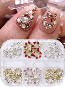 6件套圣诞美甲装饰品，金银蝴蝶结，镶嵌水钻和珍珠，圣诞圆形3D扁平美甲饰品，宝石可爱美甲装饰，美甲沙龙用品，DIY美甲 - 彩色 - 查看 7