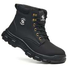 UMBURLLY 1 Pair Solid Color Utility Style Faux Leather Lace-Up Men's Safety Shoes, Anti-Smash, Anti-Puncture, Outdoor Work Shoes, Autumn/Winter - màu đen - Xem 8