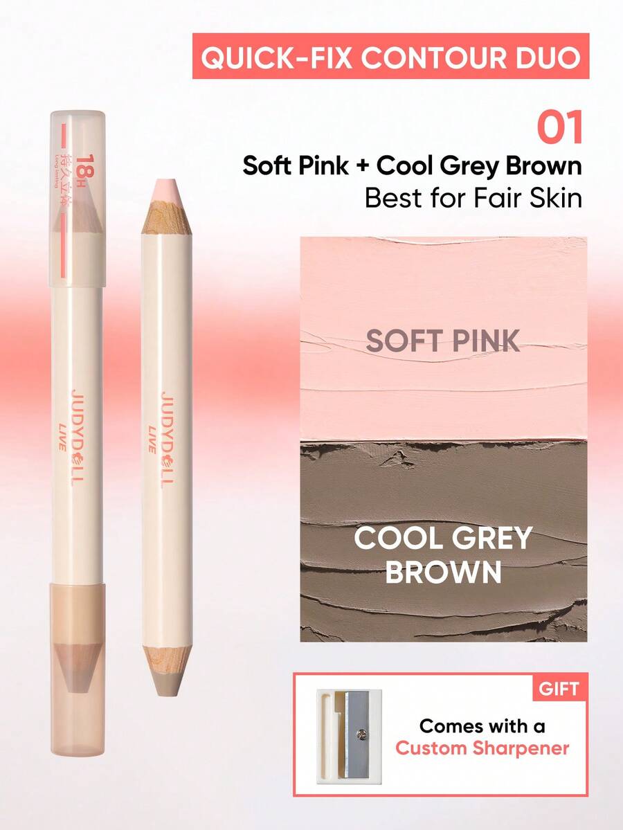 JUDYDOLL Quick-Fix Contour Duo 二合一高光阴影棒，轻松塑形，适合初学者，自然晕染，质地轻盈，持久 18 小时，打造完美光泽妆效 - 01 Soft Pink + Cool Grey Brown - 查看 1