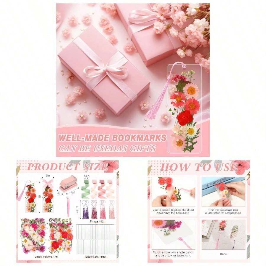 222 Pcs Dried Flower Bookmark Making Kit Include Pressed Flower Colorful Tassels Ribbons And Transparent Bookmark Laminating Pouches 2x 6 Inch Classic Color - 粉色 - 查看 1