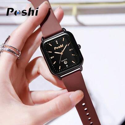 Poshi 1pc Women's Fashion Casual Quartz Watch, Silicone Strap, Square Dial With Date Display