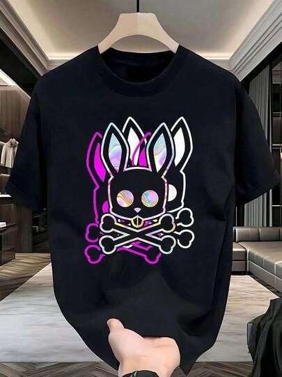 Camiseta de manga corta con patrón de calavera de conejo, Unisex, cuello redondo, 180g de algodón, cómodo y suave, adecuado para todas las estaciones.