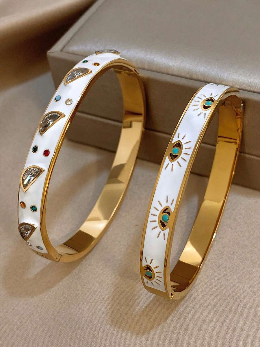 Ensemble de bracelets manchettes en acier inoxydable plaqué or 18 carats avec émail et œil du mal. Bijoux vintage de luxe, élégants et bohèmes. Cadeau pour maman, Noël, Thanksgiving, Halloween, mariage, rave/bal de promo/fête, anniversaire, demoiselle d'honneur, Saint-Valentin, accessoires quotidiens - Multicolore - Voir 1