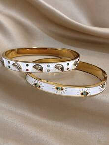 Ensemble de bracelets manchettes en acier inoxydable plaqué or 18 carats avec émail et œil du mal. Bijoux vintage de luxe, élégants et bohèmes. Cadeau pour maman, Noël, Thanksgiving, Halloween, mariage, rave/bal de promo/fête, anniversaire, demoiselle d'honneur, Saint-Valentin, accessoires quotidiens - Multicolore - Voir 5