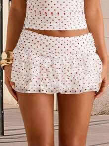 Women's Summer Mini Skirt Casual Stylish Dot Print Layered Ruffled Mid Rise Short Skirt - Pink - View 2