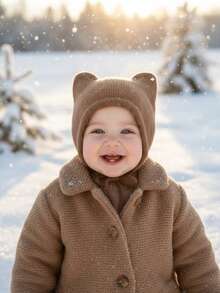 1pc Baby/Toddler Girls' Coffee Color Warm Knit Hat, Infant Winter Earflap Hat, Minimalist Design, Autumn/Winter