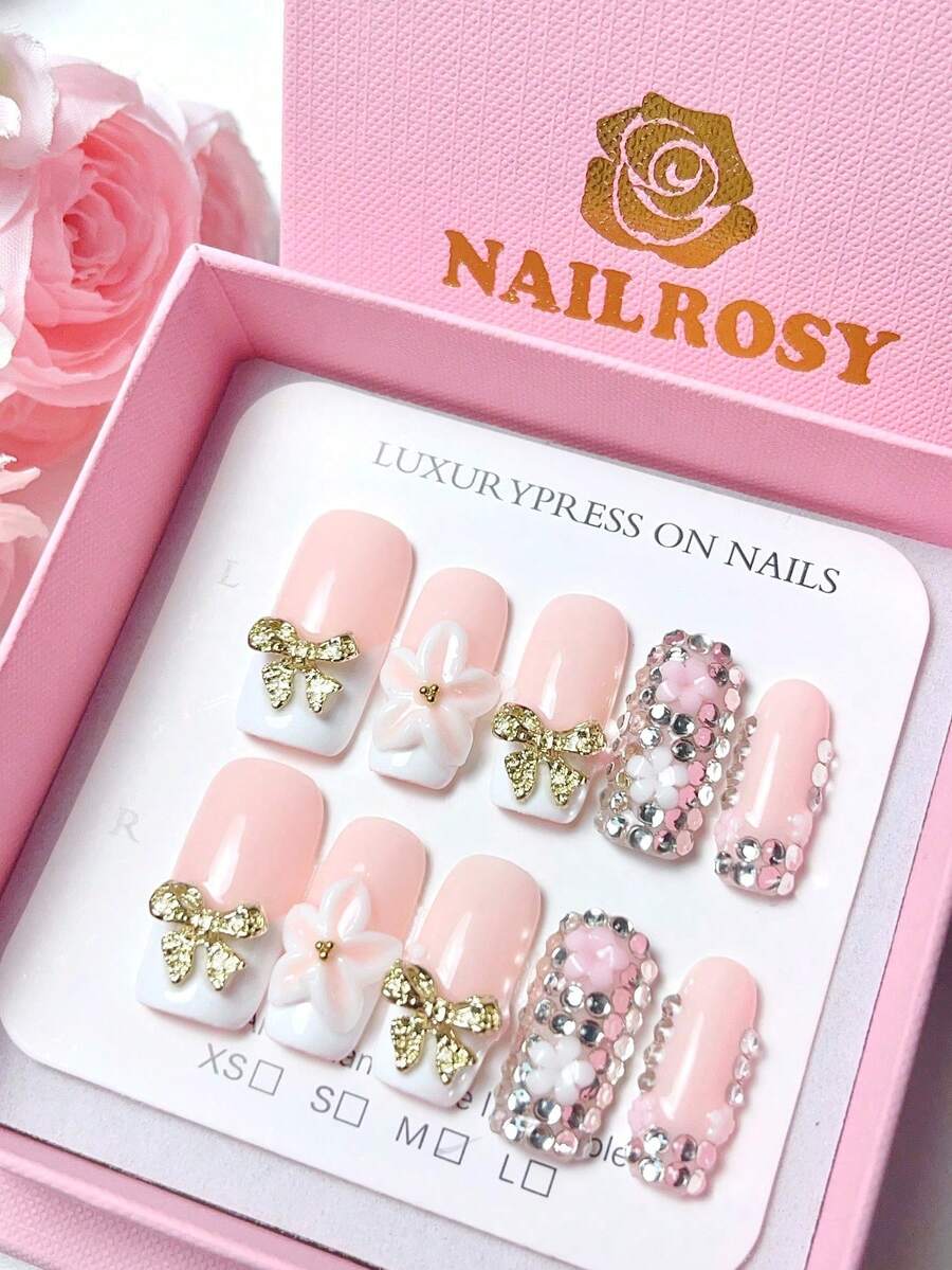 nailrosy 10Pcs Handmade Press On Nails Kit Extra Long Square White Line Art Bling Glitter Glistening Iridescent Luxurious Rhinestone Decor Christmas Wedding Birthday Party Acrylic Nail Supplies Press On Acrylic Nail Tips - White - View 1