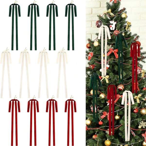 12pcs Christmas Tree Flocked Decorations Bowknot Flocked Ribbon Hanging Ornaments Holiday Decor, Christmas Wreath Bowknot Pendant Gifts, Christmas Eve Christmas Tree Decorations