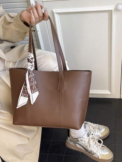 大容量纯色包，适合女性，2025新款复古时尚通勤手提包，简约纯色单肩包，附赠精致丝巾