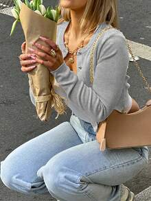 Fashionable Street Style Button-Up Cardigan, Solid Color Slim Fit Long Sleeve Top Spring - Grey - View 4
