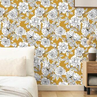 1 Roll Of Self-Adhesive Mustard Yellow Background Black And White Hand-Painted Flower Pattern Wallpaper With Pastoral Style Design Pattern, Waterproof, Stain Resistant, And Easy To Tear Wallpaper, Suitable For Living Rooms, Kitchens, Bedrooms, And Dormitories - Flat Design, Easy To Apply, Durable Vinyl Wallpaper, Suitable For Walls