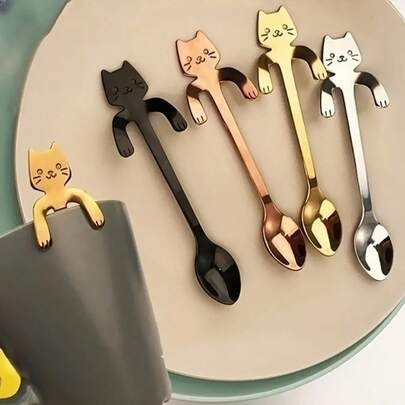 2/3pcs Cute Stainless Steel Cat Shaped Tea Spoon Set - Durable Mini Ice Cream And Dessert Spoons - Ideal Gift For Cat Lovers And Fun Kitchen Utensils
