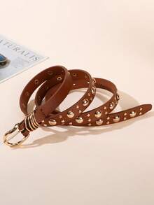 1pc Gold Mushroom Stud Embellished Solid Color Punk PU Leather Fashion Belt For Women