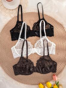 3pcs Women's Solid Color Lace Thin Cup Underwire Comfortable Bras