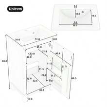 51x34x83cm Bodenstehender Badezimmerschrank, Waschtisch, Volllackierung, Türregale, verstellbare Regale, integriertes Keramikwaschbecken, geeignet für kleine Räume, Grau