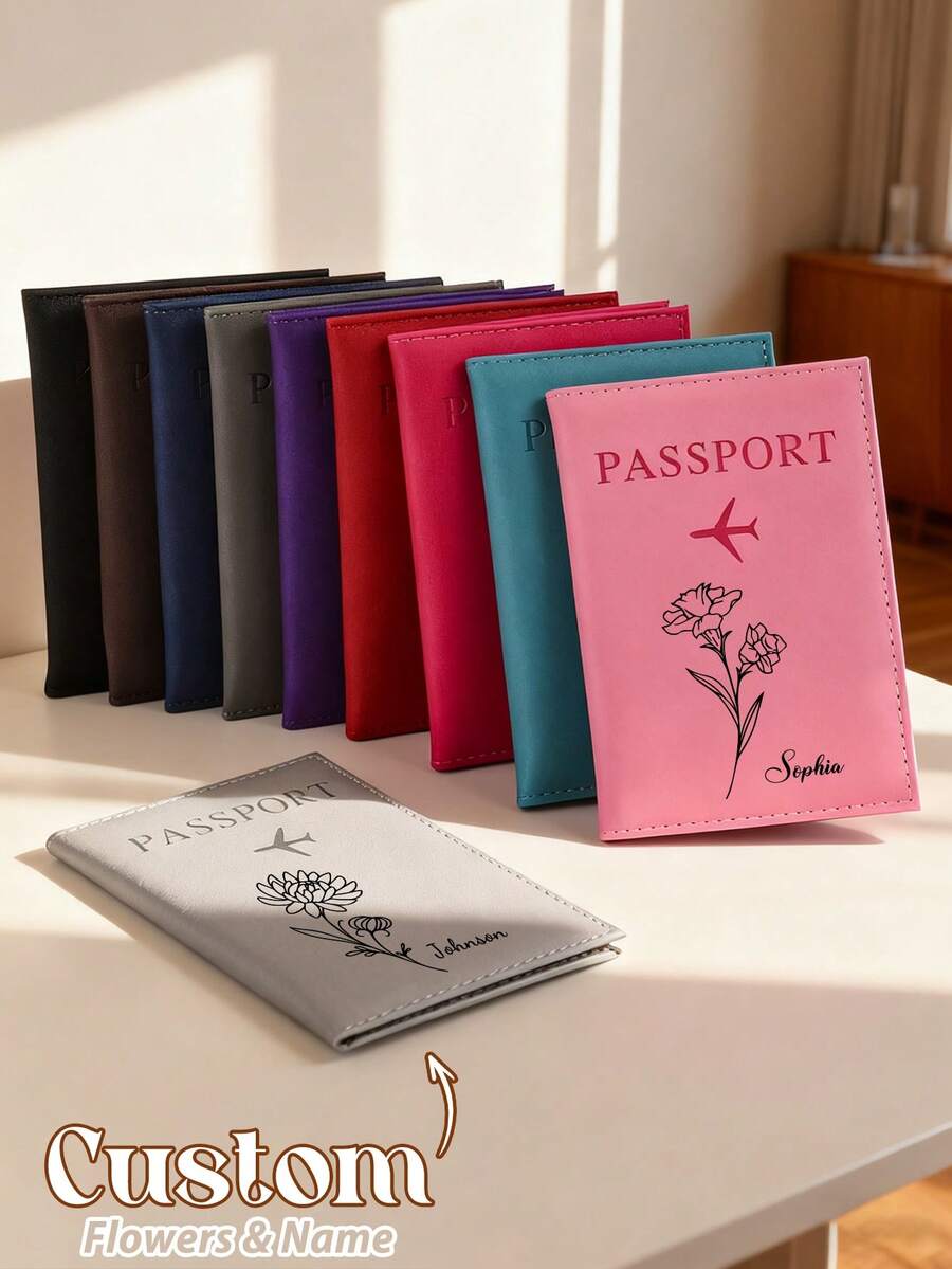 定制个性化护照夹、定制姓名文字花卉图案护照套、印有姓名的个性化护照套、定制字母封面护照夹、优雅旅行钱包、独特的旅行礼物、周年纪念礼物、圣诞礼物、节日/度假礼物、极简主义风格皮革护照保护套 - 彩色 - 查看 1