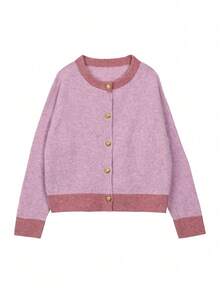ii Plus Size Women Casual Color Block Patchwork Cardigan, Autumn/Winter - Pink - View 4