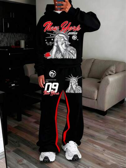 2pcs/Set Boys Tie-Dye Street Style New York Statue Of Liberty Graphic Long Sleeve Hoodie And Pants Set, Autumn/Winter