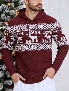 WAIT HIM Men's Casual Christmas Reindeer Pattern Drawstring Hooded Sweater - Burgundy - View 2