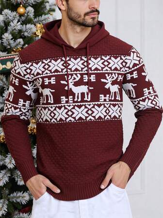 WAIT HIM Men's Casual Christmas Reindeer Pattern Drawstring Hooded Sweater