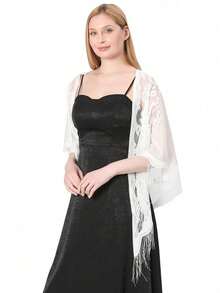 1 件女式花卉蕾丝边围巾披肩带流苏，柔软网状流苏披肩，适合婚纱、婚礼/派对晚礼服 - 純白色 - 查看 19