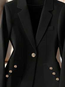 女士时尚畅销日常百搭商务通勤专业正式优雅纯色梭织面料纽扣口袋办公室西装外套，春秋季 - 黑色 - 查看 4