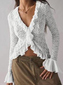 Women's Ruffle Patchwork Asymmetric Hem Flare Sleeve Fashionable Blouse