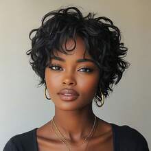 Women'S Layered Short Curly Pixie Cut Wig With Bangs - Remy Peruvian Human Hair, Glueless Full Machine Made Curly Wave Wig, Music Festivals & Everyday Styling - Density, Suitable For All Light Types, Short Hair Wig