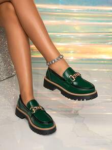 Women's Platform Loafers, New Autumn Vintage British Style Student Casual Soft Bottom Black Minimalist Chic Green Buckle Slip-On Shoes - Green - View 3