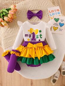 2pcs Baby Girls Cute Dopamine Color White Long Sleeve Bodysuit + Colorful Skirt Set, Autumn/Winter