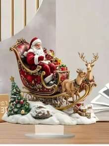 1 pezzo Statua in stile bohémien in acrilico di Babbo Natale e la sua slitta con renne, decorazione natalizia da tavolo multifunzionale per casa, ufficio e regali, include base - Multicolore - Visualizzare 3