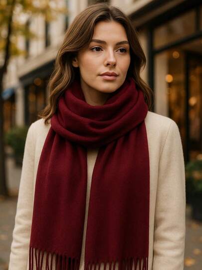 1 pieza Bufanda de mujer minimalista de unicolor de cachemir sintético, chal de estilo universitario, adecuado para la transición de temporada, uso diario, a prueba de viento y cálido, otoño