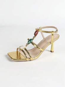 Women's Fashion Elegant Colorful Gemstone Decor Stiletto Heel Roman Sandals, Suitable For Travel, Party, Ball,Spring Summer Outfits - Gold - View 6