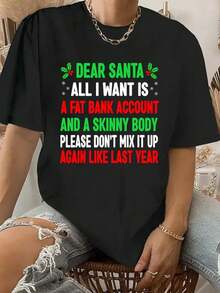 Camiseta navideña 100 % algodón con estampado "A Fat Bank Account", informal, de manga corta y cuello redondo, para mujer - Negro - Ver 1