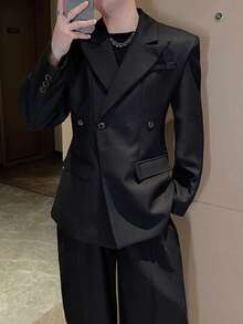 High-End French Waist-Cinching Three-Dimensional Silhouette Black Padded Shoulder Suit Jacket For Men, Autumn Fashion Casual Suit - 黑色 - 查看 4