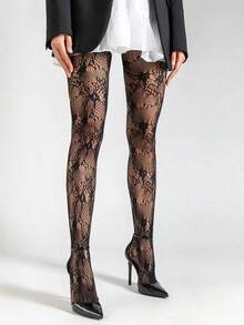 1 双加大码女式渔网紧身裤，法式复古玫瑰蕾丝提花长袜，性感优雅朋克风格渔网连裤袜，适合节日、派对、晚会 - 黑色 - 查看 3