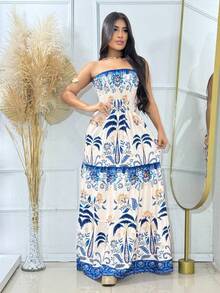 Long Summer Dress With Blue Print, Strapless, And Elastic Waistband - 淺藍色 - 查看 2