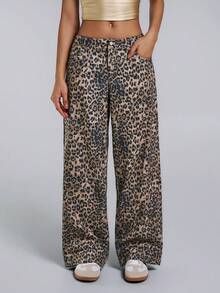 TypaGal 秋冬季 Y2K 狂野现代时尚新年派对复古优雅性感街头简约女式皮革豹纹直筒裤 - 棕色 - 查看 2