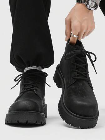 Men's Fashionable High-Top Round Toe Ankle Boots, Thick Sole, Wear-Resistant, Vintage Casual Style, Suitable For Plus Size, Winter Outdoor