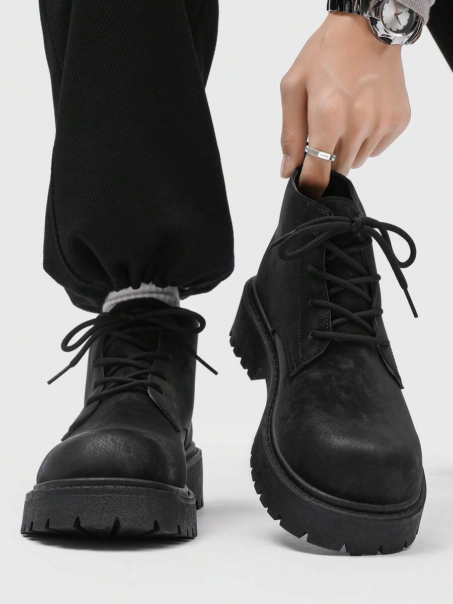 Men's Fashionable High-Top Round Toe Ankle Boots, Thick Sole, Wear-Resistant, Vintage Casual Style, Suitable For Plus Size, Winter Outdoor - 黑色 - 查看 1