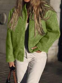 New Fashionable Loose Casual Jacket For Women, Y2K Style Stand Collar With Hidden Buttons, Autumn/Winter - màu xanh lá - Xem 8