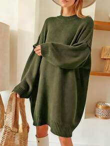 1件大码宽松纯色罗纹针织连衣裙，休闲日常穿着，秋冬季 - 橄欖綠 - 查看 2